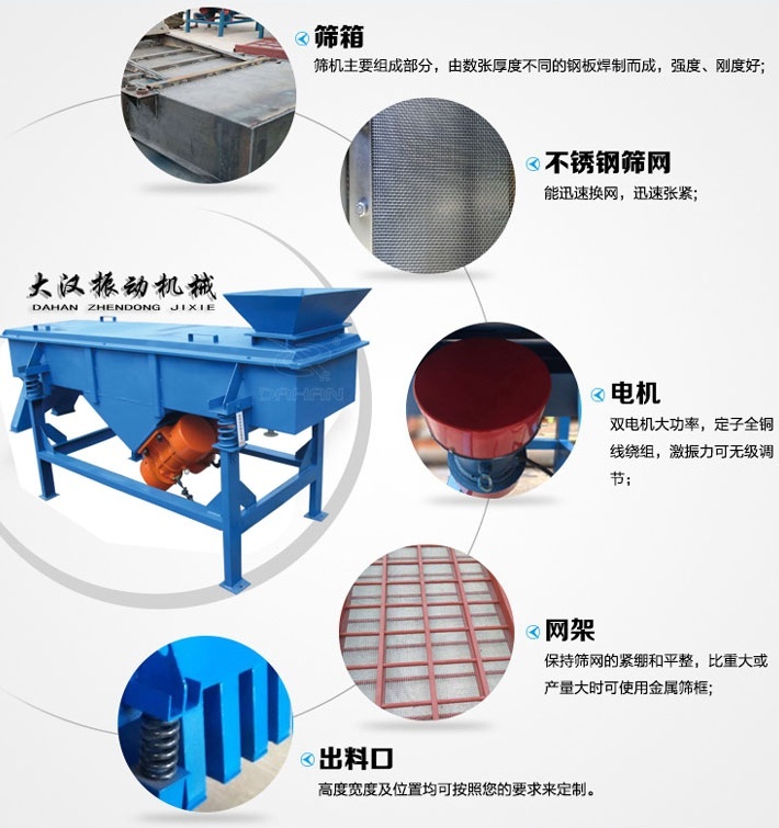 525型直線振動篩結(jié)構(gòu)細節(jié)：篩箱：篩機主要組成部分，由數(shù)張厚度不同的鋼板焊制而成，強度，剛度好。不銹鋼篩網(wǎng)：能速換網(wǎng)，迅速張緊。電機：雙電機大功率，定子全銅線繞組，激振力可無級調(diào)節(jié)。網(wǎng)架：保持篩網(wǎng)的緊繃和平整，比重大或產(chǎn)量大時可使用金屬篩框。出料口：高度寬度及位置均可按照您的要求定制。