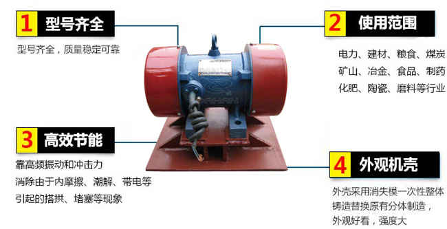 lzf倉壁振動器：1，型號齊全：型號齊全，質(zhì)量穩(wěn)定可靠。2，適用范圍：電力，建材，糧食，煤炭，礦山，冶金，食品，制藥，化肥，陶瓷，磨料等行業(yè)。3，高效：靠高頻振動和沖擊力消除由于內(nèi)摩擦，潮解，帶電等引起的塔供，堵塞等現(xiàn)象。4，外觀機殼：外殼采用消失模一次性整體鑄造替換原有分體制造，外觀好看，強度大。