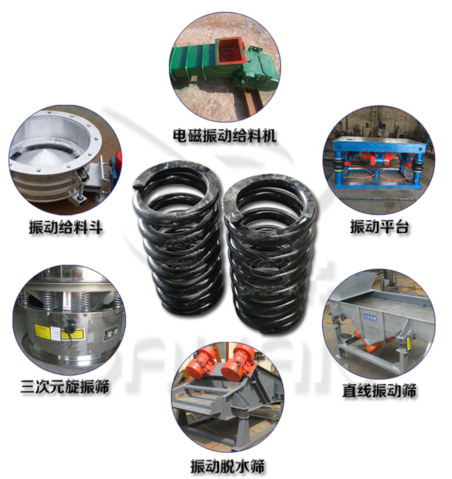 旋振篩減震彈簧適用產(chǎn)品：振動給料機(jī)，電磁振動給料機(jī)，振動平臺，直線振動篩，振動脫水篩，三次元旋振篩。