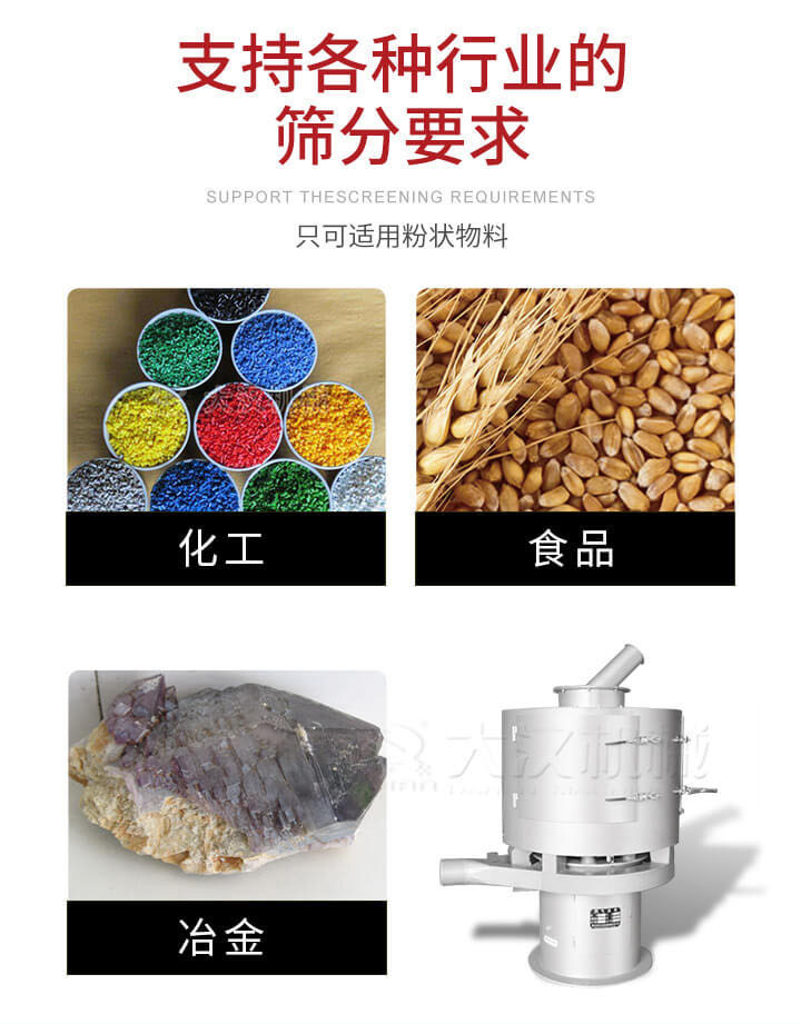 氣流篩用于礦粉，石墨粉，活性納米碳酸鈣，鋁灰，大豆粉，碳酸重鈣，石墨粉，木粉，干草，重金石粉，藥粉末，橡膠顆粒，草酸鹽，干料粉，木粉，聚酯粉，干粉，塑料，金屬粉末，橡膠粉，粉煤灰，石墨粉，陶瓷粉，鋅粉，石英粉，石灰粉，鐵粉，金屬硅粉等。