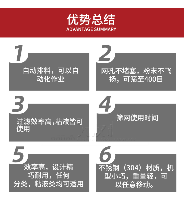 過濾篩優(yōu)勢總結：1，自動排料，可以自動化作用。2，網孔不堵塞，粉塵不飛揚，可篩至400目。3，過濾效率高，任何粒，粉，粘液也可使用。4，篩網設計大大提高了篩網使用時間，也魏換網提高了方便。5，效率高，設計精巧耐用，任何分類設計精巧耐用，任何分類，粘液類均可適用。6，不銹鋼材質機型小巧，重量輕，可以任意移動。