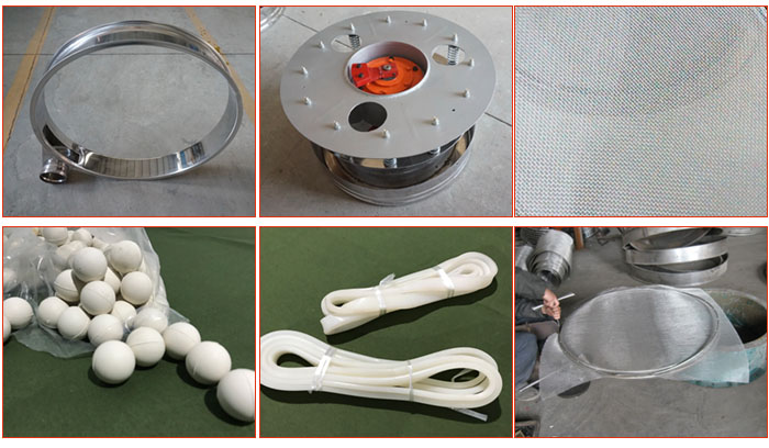800型全不銹鋼振動(dòng)篩配件有：振動(dòng)篩篩框，電機(jī)，不銹鋼篩網(wǎng)等。