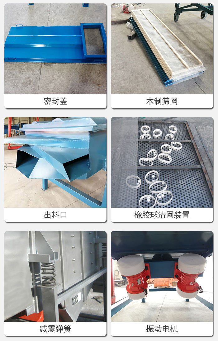 直線篩結(jié)構(gòu)展示：篩網(wǎng)，篩箱，振動(dòng)電機(jī)，振動(dòng)電機(jī)座，減震彈簧，支架等部件展示圖