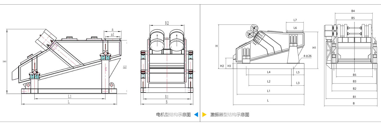 礦用振動(dòng)篩電機(jī)振動(dòng)式和激振器振動(dòng)式的內(nèi)部結(jié)構(gòu)尺寸圖。
