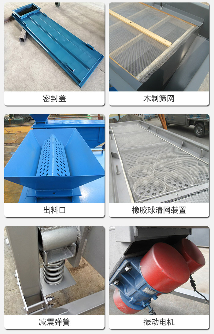 直線篩分機的結(jié)構(gòu)展示圖：篩箱是物料主要篩分設(shè)備之一，篩網(wǎng)用于篩分物料，振動電機幫助篩網(wǎng)篩分。