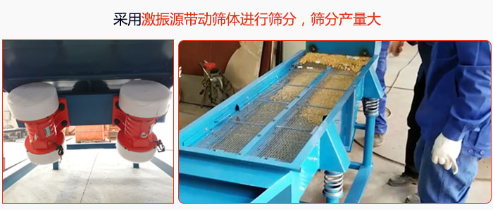 采用激振源帶動篩體進(jìn)行篩分，篩分產(chǎn)量大。