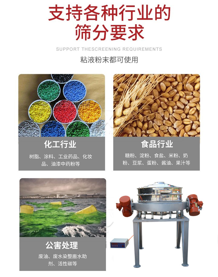 直排篩適用行業(yè)：化工行業(yè)，食品行業(yè)，金屬行業(yè)，以及公害處理等行業(yè)。支持各種行業(yè)的篩分要求。