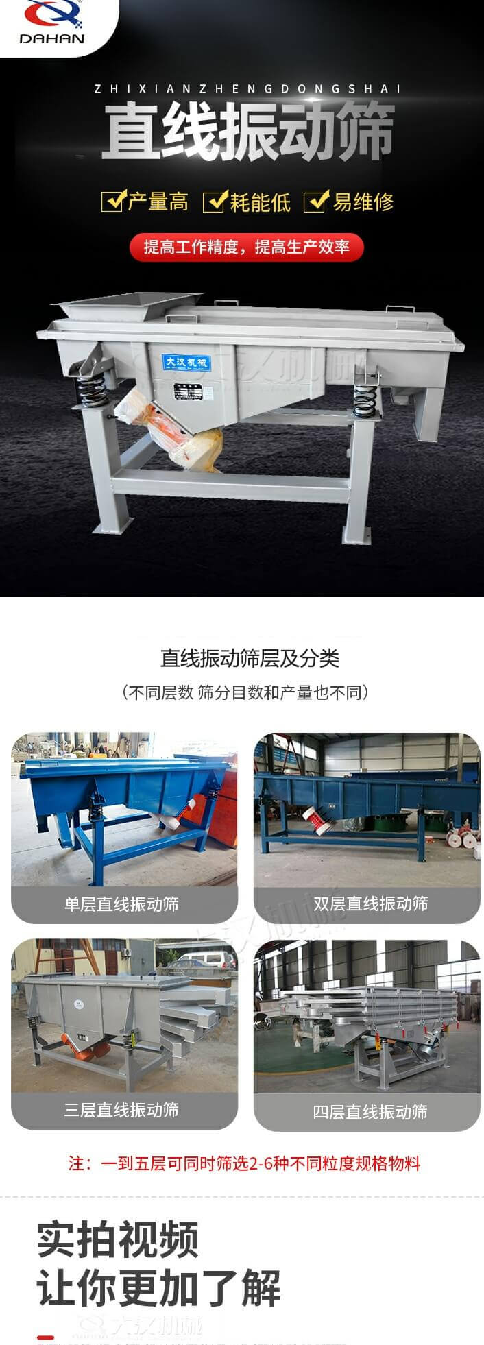 直線振動(dòng)篩概述，產(chǎn)量高，耗能低，易維修，提高工作精度，提高生產(chǎn)效率，直線振動(dòng)篩層級(jí)分類：不同層數(shù)，篩分目數(shù)和產(chǎn)量也不同：?jiǎn)螌樱p層，三層，四層等。