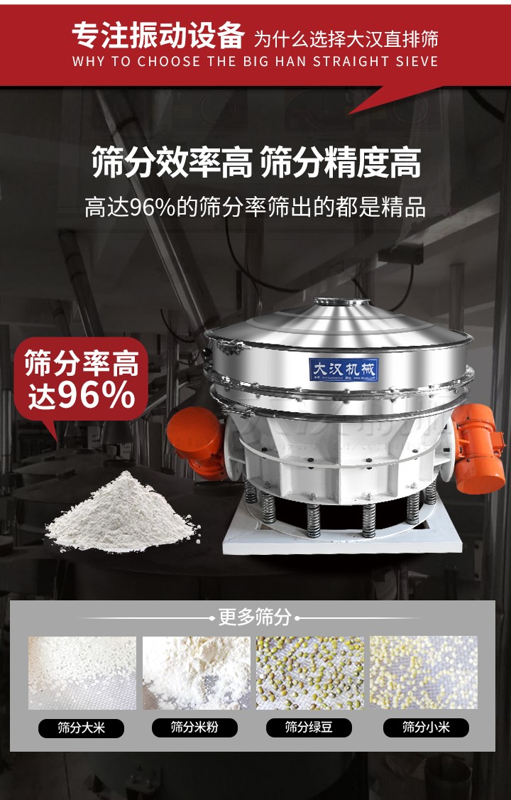 直排篩適用物料有面粉，淀粉，洗衣粉，金屬粉，添加劑，化工，非礦等行業(yè)。