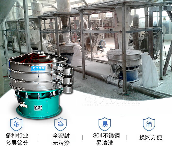 多種行業(yè)多層篩分采用全密封結(jié)構(gòu)，無污染。304不銹鋼材質(zhì)易清洗。同時換網(wǎng)方便。
