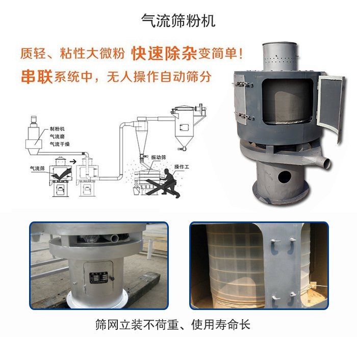 氣流篩粉機(jī)適用：質(zhì)輕，粘性大微粉采用串聯(lián)系統(tǒng)重，無人操作自動(dòng)篩分 特點(diǎn)：篩網(wǎng)立裝不負(fù)重，使用壽命長。