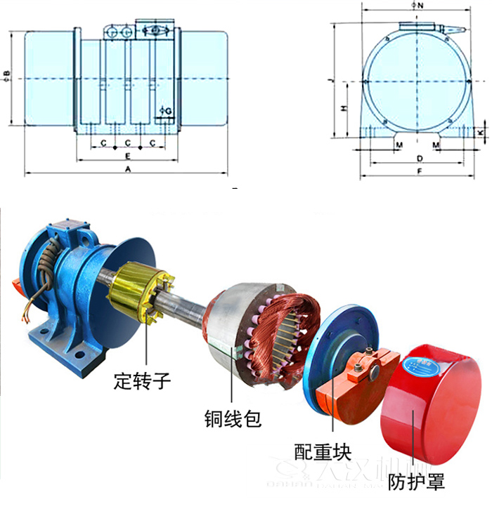 YZS振動電機內(nèi)部主要部件：定轉(zhuǎn)子，銅線包，配重塊，防護罩。