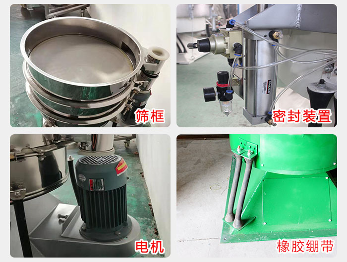 搖擺篩結(jié)構(gòu)：電機(jī)，橡膠繃帶，篩框，密封裝置等。