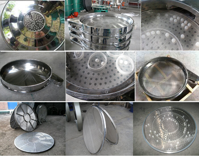 食品振動(dòng)篩細(xì)節(jié)展示：防塵蓋，篩框，網(wǎng)架，底框等。